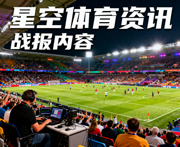 体育赛事现场记者席与球场全景，星空体育资讯与战报内容配图