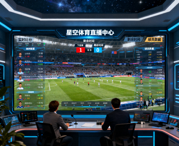 体育赛事直播画面与实时数据叠加展示，星空体育直播中心使用场景